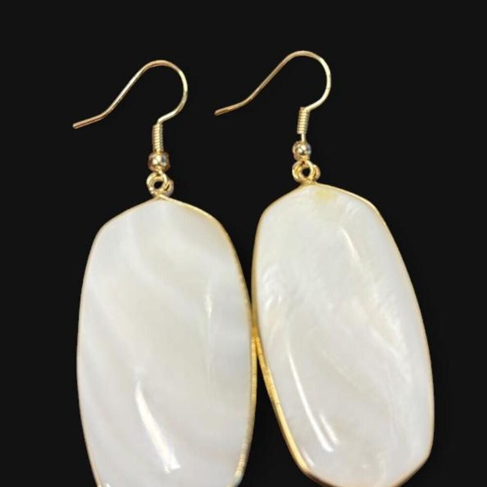 Faux Mother of Pearl Oval Dangle Earrings • Gold Tone Trim Boho Fashion Jewelry
